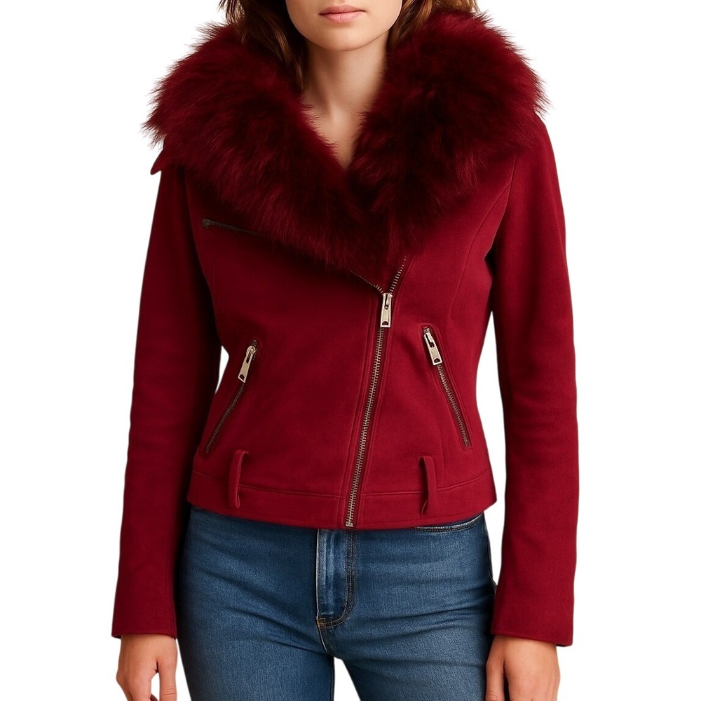 Pink Faux Suede Moto Jacket with Faux Fur Collar‎ Medium Baddy